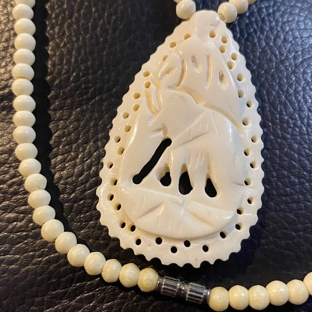 Vintage Carved Bone Pendant Off White Beaded Necklace Elephant Design Good Luck